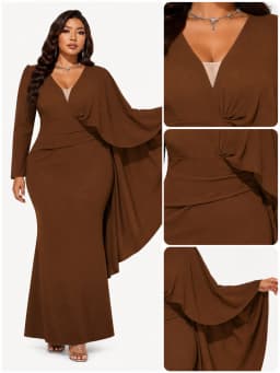 Women Plus Size Curvy Figure‑Flattering Mermaid Evening Dress, Asymmetrical Flowy Cape Sleeve Twisted Waist V‑Neck Mesh Patchwork Chocolate Brown Bodycon Floor‑Length Maxi Gown For Wedding Guest Church Banquet Prom Evening