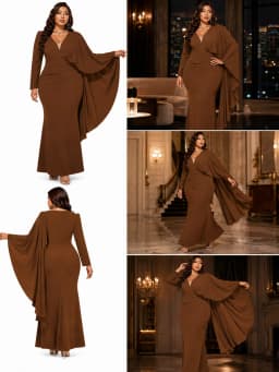 Women Plus Size Curvy Figure‑Flattering Mermaid Evening Dress, Asymmetrical Flowy Cape Sleeve Twisted Waist V‑Neck Mesh Patchwork Chocolate Brown Bodycon Floor‑Length Maxi Gown For Wedding Guest Church Banquet Prom Evening