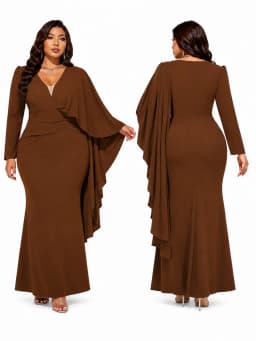 Women Plus Size Curvy Figure‑Flattering Mermaid Evening Dress, Asymmetrical Flowy Cape Sleeve Twisted Waist V‑Neck Mesh Patchwork Chocolate Brown Bodycon Floor‑Length Maxi Gown For Wedding Guest Church Banquet Prom Evening