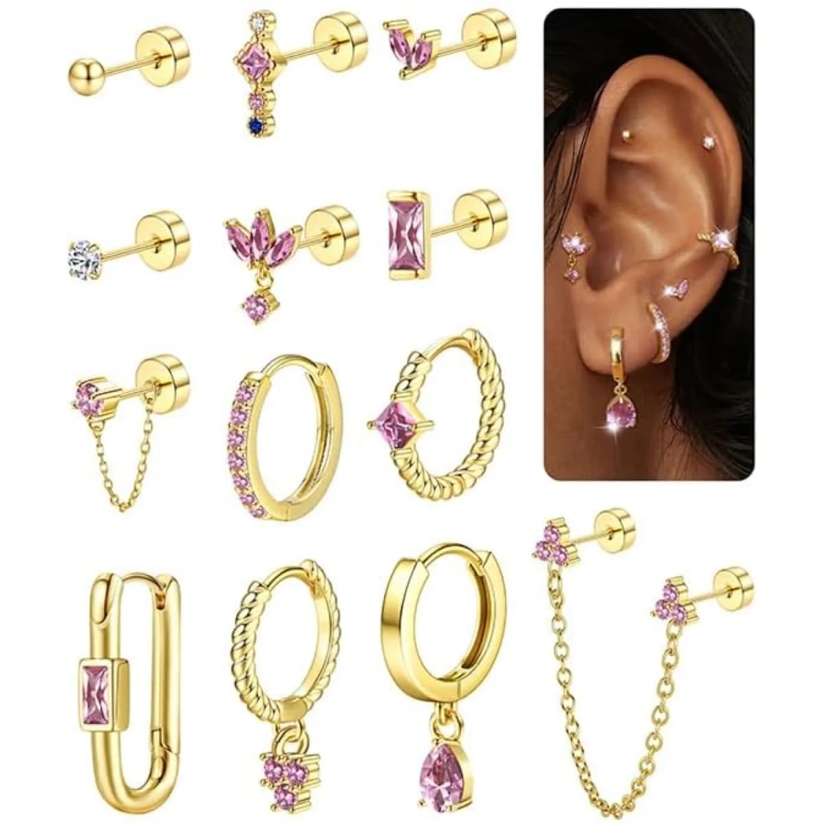 13Pcs Hypoallergenic Stud Earrings Hoop Earrings Set for Women 14K Gold-plated Flat Back Cartilage Earring for Multiple Piercing