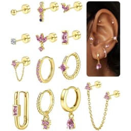 13Pcs Hypoallergenic Stud Earrings Hoop Earrings Set for Women 14K Gold-plated Flat Back Cartilage Earring for Multiple Piercing