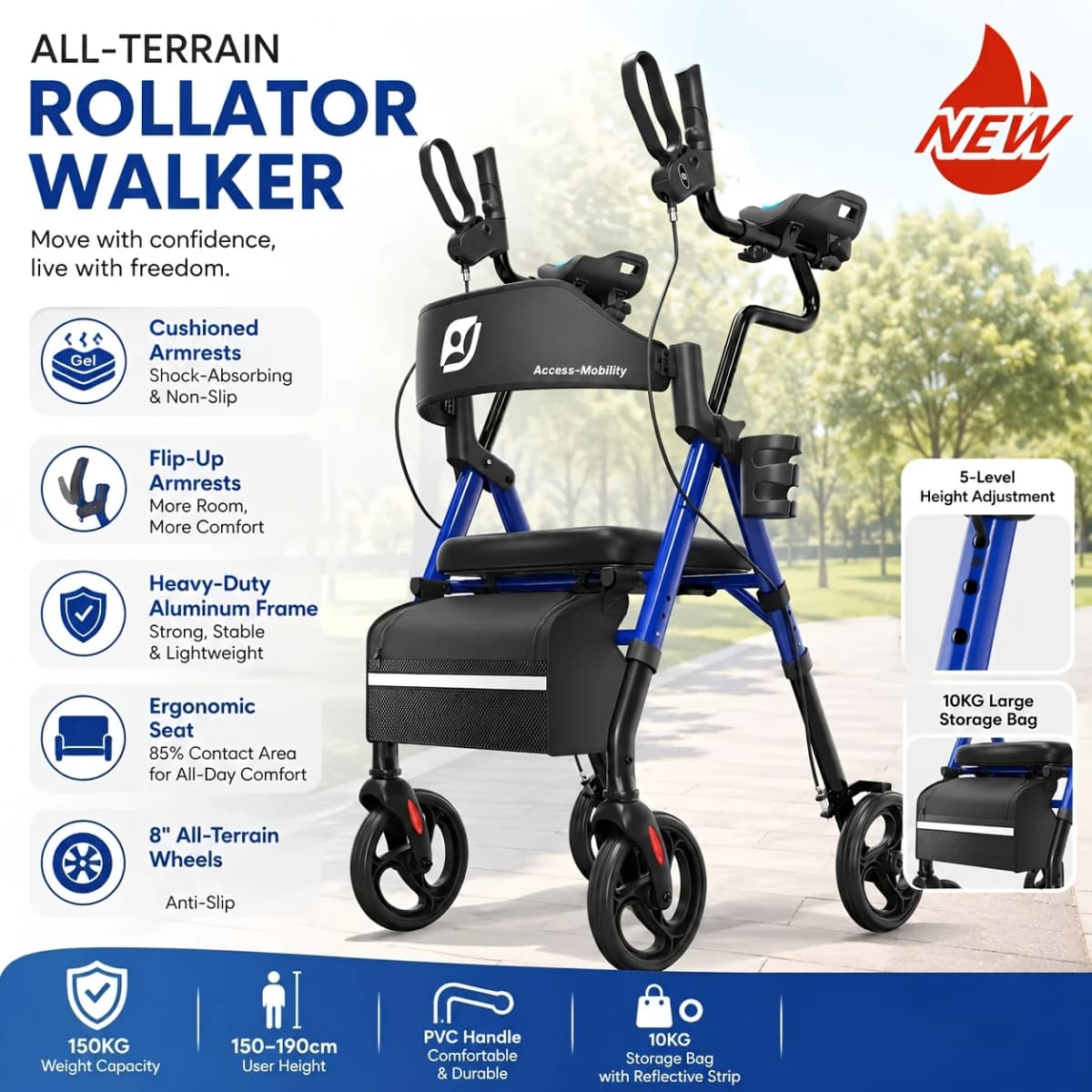 Upright Walker, Stand Up Rollator Walker with Padded Seat and Backrest, Walkers for Seniors,Foldable Walker with Seat