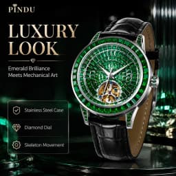 PINDU Design Diamond-set Hollow Mechanical Wrist Men Wristwatches Men Fashion Luxury Diamond Stainless Steel Leather Watch Men