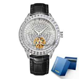 PINDU Design Diamond-set Hollow Mechanical Wrist Men Wristwatches Men Fashion Luxury Diamond Stainless Steel Leather Watch Men