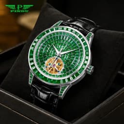 PINDU Design Diamond-set Hollow Mechanical Wrist Men Wristwatches Men Fashion Luxury Diamond Stainless Steel Leather Watch Men