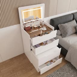 3 in 1 Hidden Vanity Desk with Flip Top LED Mirror, 3 Color Lighting, Compact Vanity with 3 Drawers, Glass Top & Hidden Storage Chair, Modern Small Dressing Table Nightstand for Bedroom, White