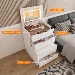 3 in 1 Hidden Vanity Desk with Flip Top LED Mirror, 3 Color Lighting, Compact Vanity with 3 Drawers, Glass Top & Hidden Storage Chair, Modern Small Dressing Table Nightstand for Bedroom, White