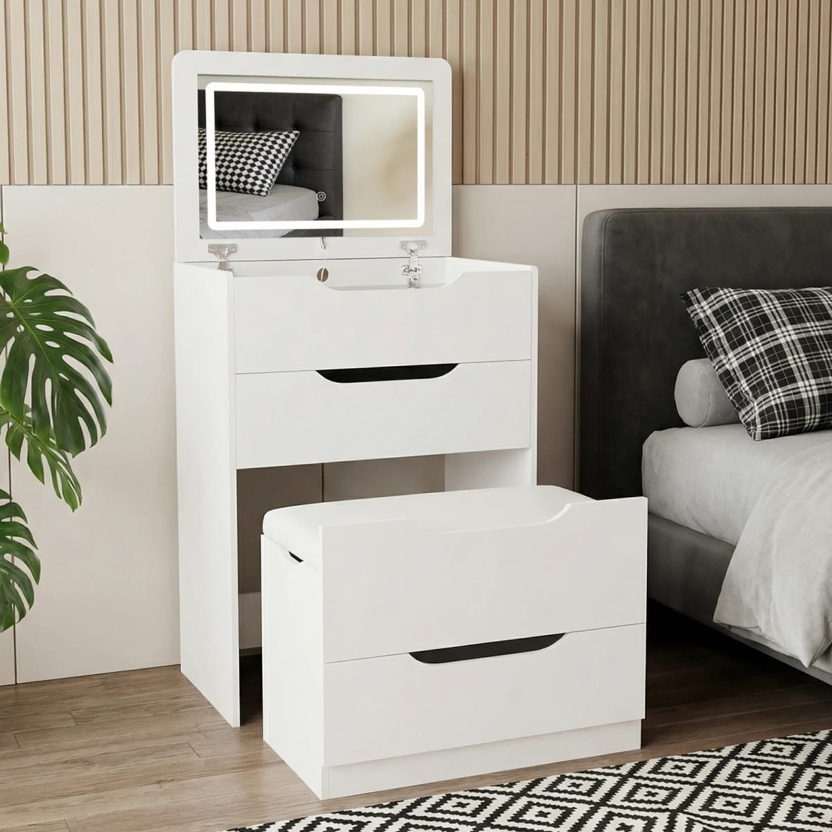 3 in 1 Hidden Vanity Desk with Flip Top LED Mirror, 3 Color Lighting, Compact Vanity with 3 Drawers, Glass Top & Hidden Storage Chair, Modern Small Dressing Table Nightstand for Bedroom, White