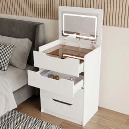 3 in 1 Hidden Vanity Desk with Flip Top LED Mirror, 3 Color Lighting, Compact Vanity with 3 Drawers, Glass Top & Hidden Storage Chair, Modern Small Dressing Table Nightstand for Bedroom, White