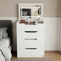 3 in 1 Hidden Vanity Desk with Flip Top LED Mirror, 3 Color Lighting, Compact Vanity with 3 Drawers, Glass Top & Hidden Storage Chair, Modern Small Dressing Table Nightstand for Bedroom, White