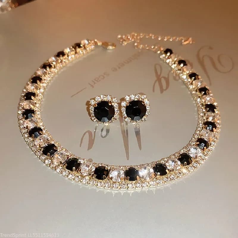 Women Trendy Rhinestone Decorated Jewelry Set Necklace Earring Kit Elegant Fashion Accessory For Daily Party Wedding