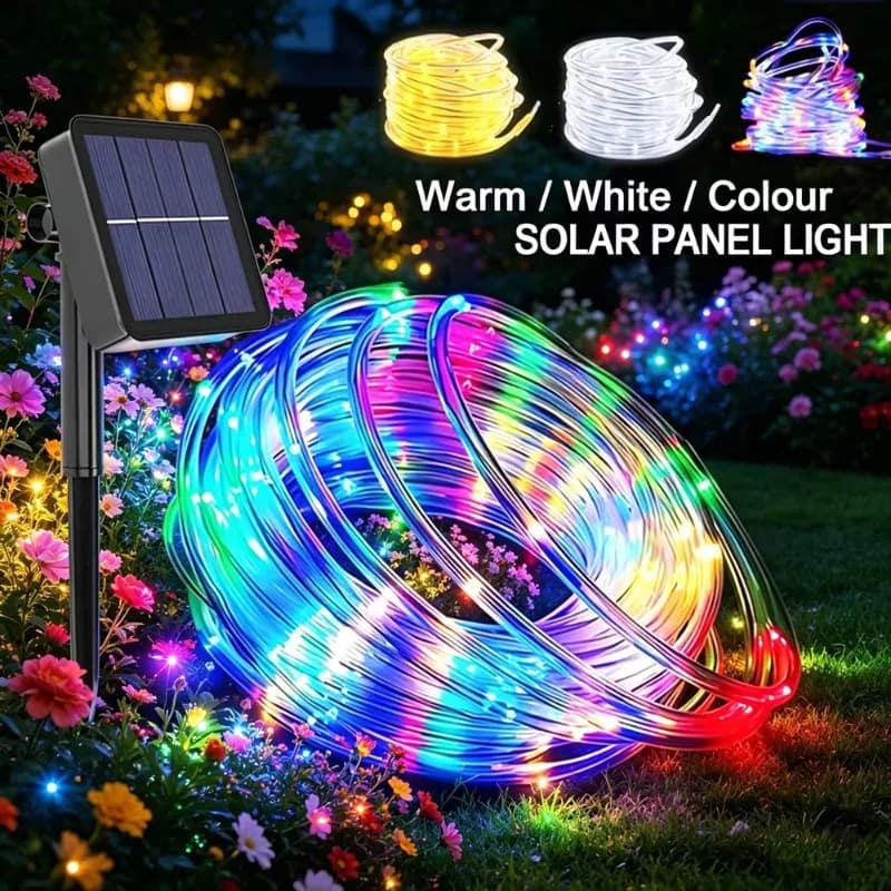 New 1 Pack of 100 LED Solar String Lights. Waterproof Tubular Rope Lights for Outdoor Gardens. The Fairy Wreath Lights Are Powered by Solar Energy and Are Perfect for Christmas Parties, Festivals, and Outdoor Landscape Decoration.