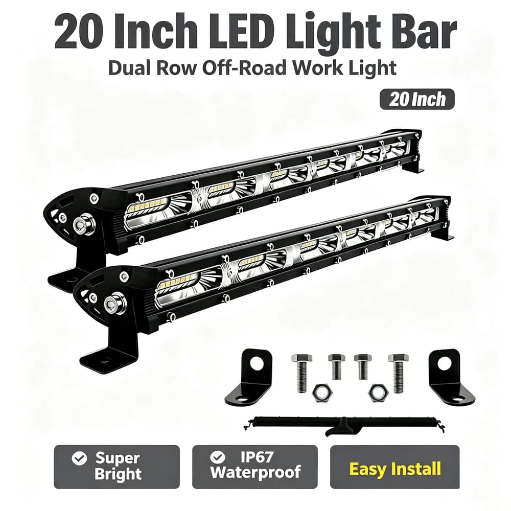 2PCS 20-Inch LED Off-Road Light Bars, lightweight Slim Work Lights, Suitable for Off-Road, Trucks, SUVs, ATVs, UTVs, Tractors, and Boats; Two-Piece Set Comes with Mounting Screws