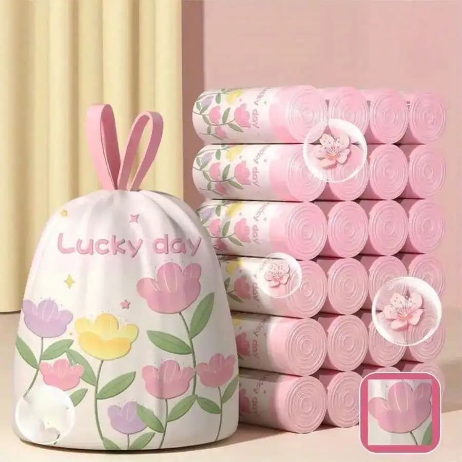 1roll 50pcs Lavender Scented Thickened Large Drawstring Trash Bags, High-Density Polyethylene Material, Tear-Resistant Printed Hand-Carry Cleaning Garbage Bags, Multi-Purpose Disposable Storage Bags, Suitable For Kitchen, Bathroom, Bedroom, Living Room