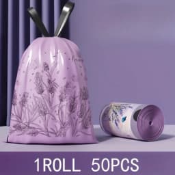 1roll 50pcs Lavender Scented Thickened Large Drawstring Trash Bags, High-Density Polyethylene Material, Tear-Resistant Printed Hand-Carry Cleaning Garbage Bags, Multi-Purpose Disposable Storage Bags, Suitable For Kitchen, Bathroom, Bedroom, Living Room