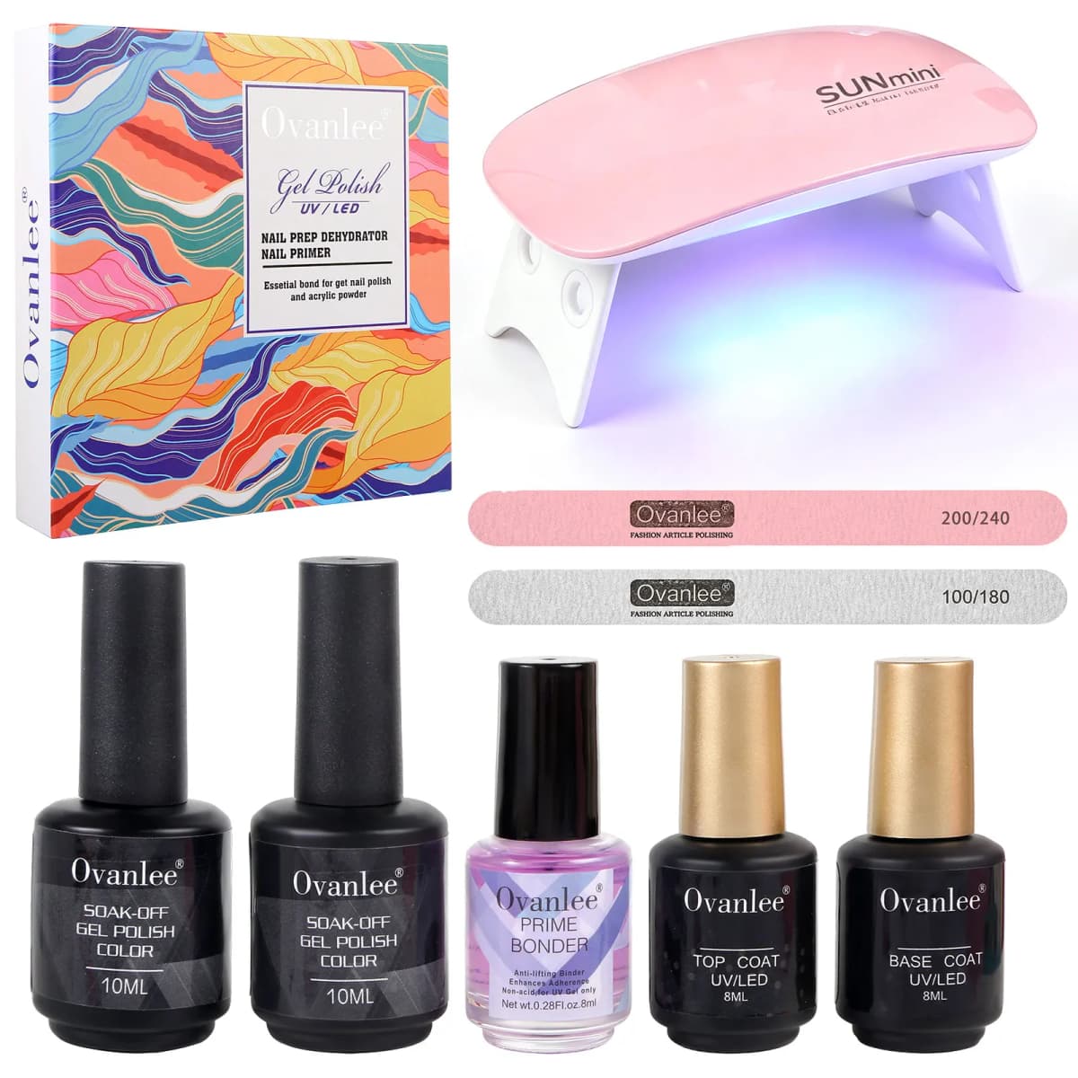 Ovanlee All-in-One Gel Nail Polish Kit – Complete Starter Set with Mini UV/LED Lamp, 2 Colors (10ml), Base & Top Coat, Primer Bonder & Nail Files for Salon-Quality DIY Manicure at Home