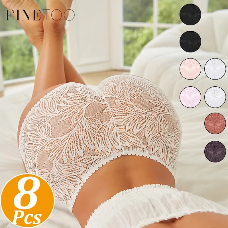 FINETOO 8Pcs/Set Women Mid‑Rise Lace Boyshort Panties Floral Hollow‑Out Sheer Lace Briefs Stretch Breathable Ladies Underwear Soft Comfy Multi‑Color Pack Lace Underpants for Daily Casual Wear S‑XL