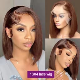 220% Density #4 Brown Straight Short Bob Wig 13x4 HD Transparent Lace Bob Wigs Brazilian Human Hair Wig Pre plucked For Woman
