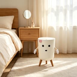 Cute Cartoon Character Press‑Lid Trash Can, Kawaii Garbage Bin with Movable Arms, Pink Bowknot & Wooden Legs, Aesthetic Decorative Lidded Waste Bin for Bedroom Dorm Vanity