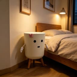 Cute Cartoon Character Press‑Lid Trash Can, Kawaii Garbage Bin with Movable Arms, Pink Bowknot & Wooden Legs, Aesthetic Decorative Lidded Waste Bin for Bedroom Dorm Vanity