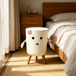 Cute Cartoon Character Press‑Lid Trash Can, Kawaii Garbage Bin with Movable Arms, Pink Bowknot & Wooden Legs, Aesthetic Decorative Lidded Waste Bin for Bedroom Dorm Vanity