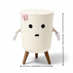 Cute Cartoon Character Press‑Lid Trash Can, Kawaii Garbage Bin with Movable Arms, Pink Bowknot & Wooden Legs, Aesthetic Decorative Lidded Waste Bin for Bedroom Dorm Vanity