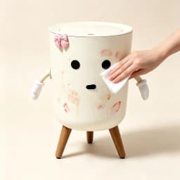 Cute Cartoon Character Press‑Lid Trash Can, Kawaii Garbage Bin with Movable Arms, Pink Bowknot & Wooden Legs, Aesthetic Decorative Lidded Waste Bin for Bedroom Dorm Vanity