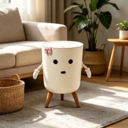 Cute Cartoon Character Press‑Lid Trash Can, Kawaii Garbage Bin with Movable Arms, Pink Bowknot & Wooden Legs, Aesthetic Decorative Lidded Waste Bin for Bedroom Dorm Vanity