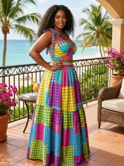 Women Plus Size Tie Strap Plaid Patchwork Crop Top + High Waist Tiered Long Skirt Set Elegant Color Block Outfit For Beach Vacation Party Occasion