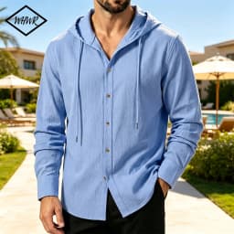 Men Hooded Button Down Shirt With Wrinkle Textured Long Sleeve Hoodie Jacket Drawstring Hood Casual Loose Open Front Shacket