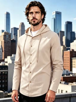 Men Hooded Button Down Shirt With Wrinkle Textured Long Sleeve Hoodie Jacket Drawstring Hood Casual Loose Open Front Shacket
