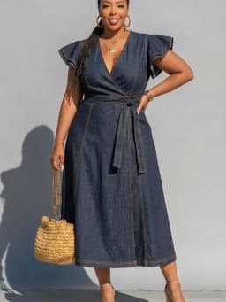 Plus Size V Neck Ruffle Sleeve Wrap Waist Midi Dress For Women Daily Vacation Outdoor Casual A Line Long Dress
