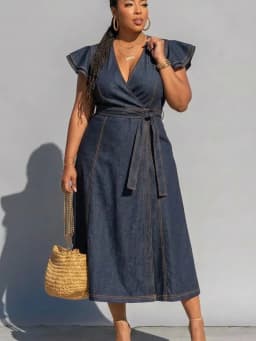Plus Size V Neck Ruffle Sleeve Wrap Waist Midi Dress For Women Daily Vacation Outdoor Casual A Line Long Dress