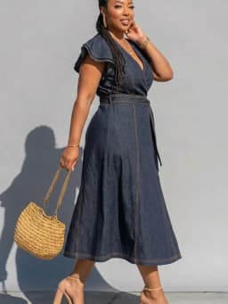 Plus Size V Neck Ruffle Sleeve Wrap Waist Midi Dress For Women Daily Vacation Outdoor Casual A Line Long Dress