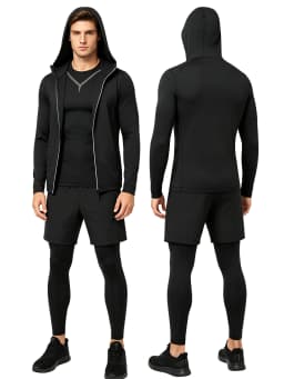 Men's 4 Piece Workout Set, T-Shirt Shorts Leggings Hoodie, Lightweight Quick Dry Breathable Gym Set, Ships from US