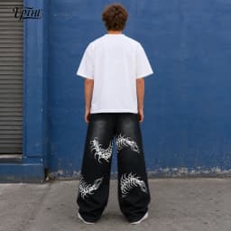 Men's Baggy Wide Leg Jeans, Y2K Vintage Washed Centipede Skeleton Graphic Print Denim Pants, Loose Fit Hip Hop Punk Streetwear Casual Trousers for Men
