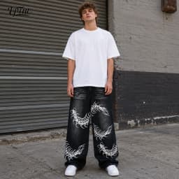 Men's Baggy Wide Leg Jeans, Y2K Vintage Washed Centipede Skeleton Graphic Print Denim Pants, Loose Fit Hip Hop Punk Streetwear Casual Trousers for Men