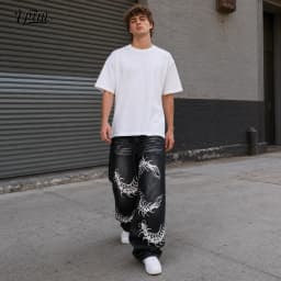 Men's Baggy Wide Leg Jeans, Y2K Vintage Washed Centipede Skeleton Graphic Print Denim Pants, Loose Fit Hip Hop Punk Streetwear Casual Trousers for Men