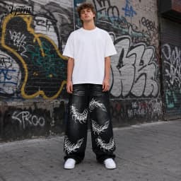 Men's Baggy Wide Leg Jeans, Y2K Vintage Washed Centipede Skeleton Graphic Print Denim Pants, Loose Fit Hip Hop Punk Streetwear Casual Trousers for Men