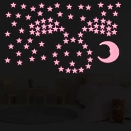 Glow in the Dark Stars for Room Decor, Plastic Luminous Fluorescent, Pink, 100 Stars 1 Moon with Adhesive Pads, 3D Ceiling Wall
