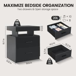 Black Nightstands set of 2 LED Night Stand with 2 Fabric Drawer for Bedroom | Nightstands with App-Controlled Adjustable LED Lights, Night Stand with Storage Shelf ,Modern Bedside Table for Bedroom