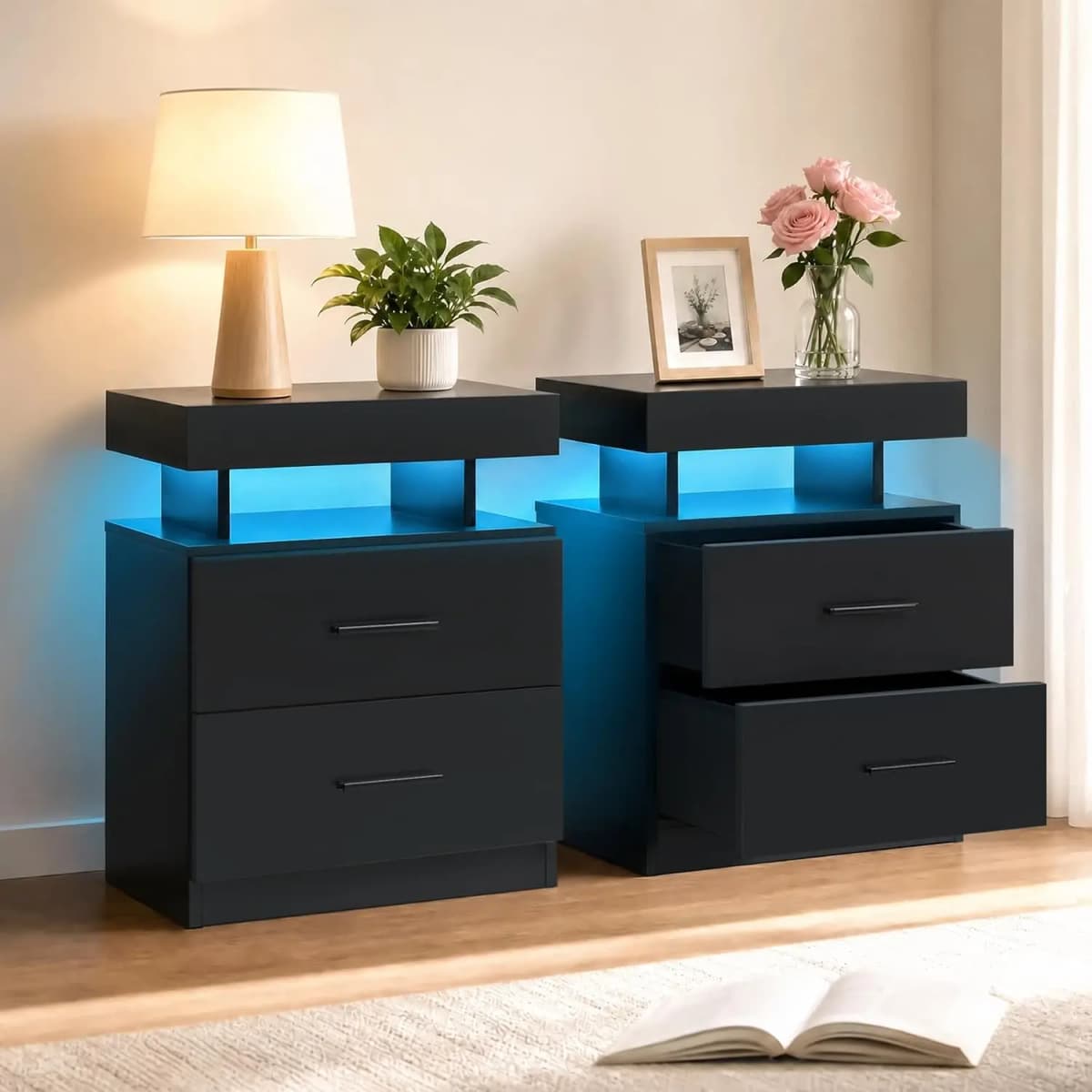 Black Nightstands set of 2 LED Night Stand with 2 Fabric Drawer for Bedroom | Nightstands with App-Controlled Adjustable LED Lights, Night Stand with Storage Shelf ,Modern Bedside Table for Bedroom