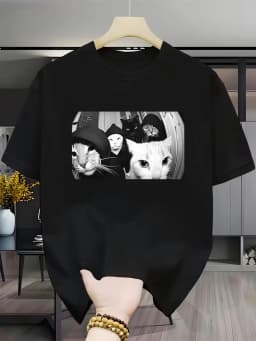 Gangster Cats Meme Graphic T‑Shirt, Cool Black‑White Hooded Street Cats Print Tee, Funny Gift for Cat Lovers Men and Women