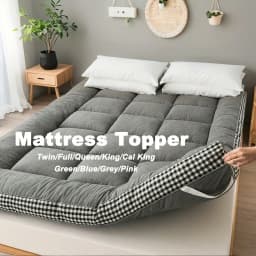 1‑Piece 900GSM King Size Mattress Topper, Soft Warm Foldable Mattress Pad with Side Checkered Print, Corner Fastening Straps, Low‑Allergenic Breathable Mattress Protector for Bedroom, Dormitory & Tatami