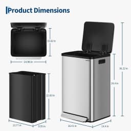 13 Gallon / 50L Stainless Steel Step Trash Can – Removable Inner Buckets, Soft Close Lid, Silver, Large Kitchen Garbage Bin