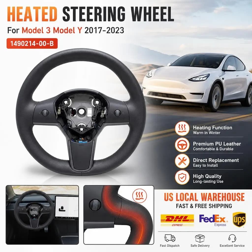 For Tesla Model 3 Model Y 2017-2023 Heated Steering Wheel PU Leather Car Steering Wheel with Heating Function 1490214-00-B