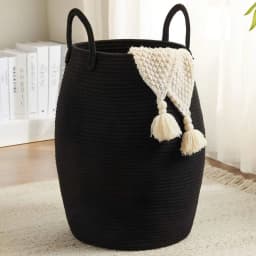 1pc Return Bohemian Black & Beige Woven Storage Basket, Cotton Rope Laundry Hamper With Handles, Large Decorative Organizer For Blankets, Toys & Clothes, Rustic Farmhouse Home Decor Essential Vacation Essentials Travel Essential/sh260429115263214881913