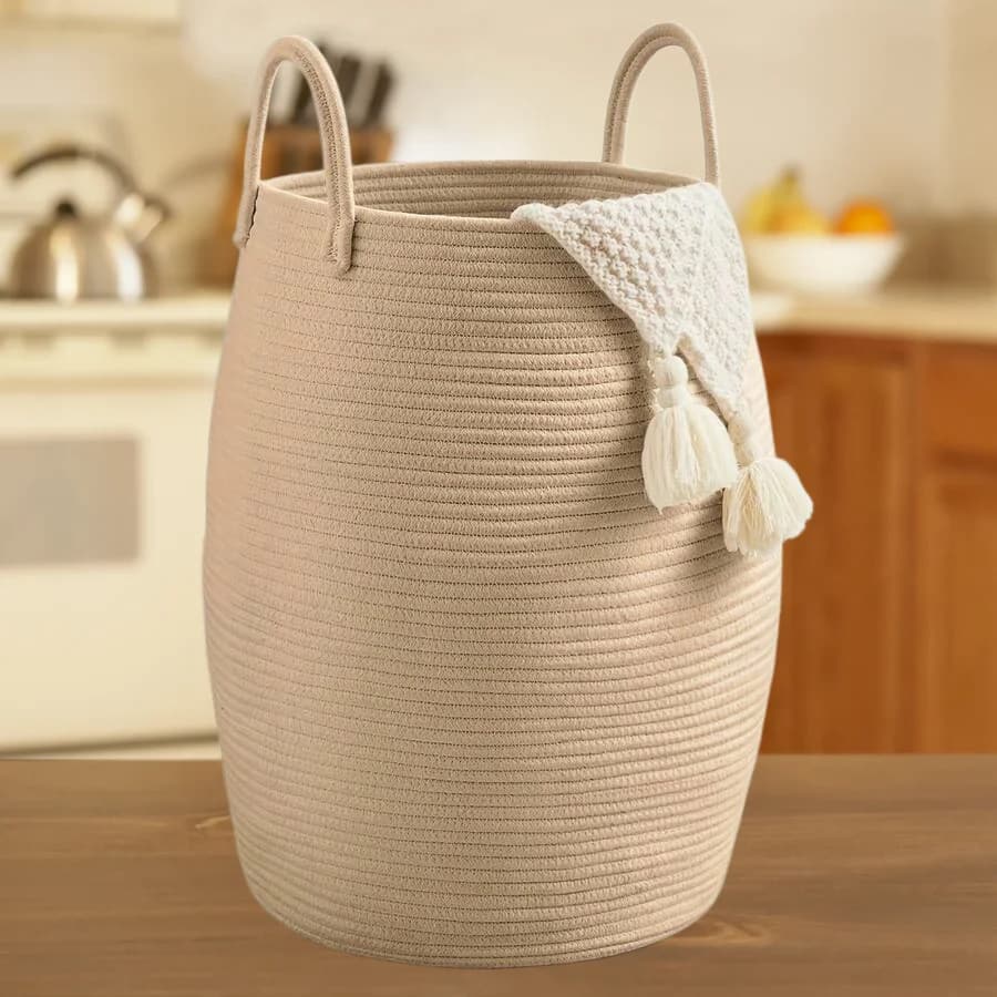 1pc Return Bohemian Black & Beige Woven Storage Basket, Cotton Rope Laundry Hamper With Handles, Large Decorative Organizer For Blankets, Toys & Clothes, Rustic Farmhouse Home Decor Essential Vacation Essentials Travel Essential/sh260429115263214881913