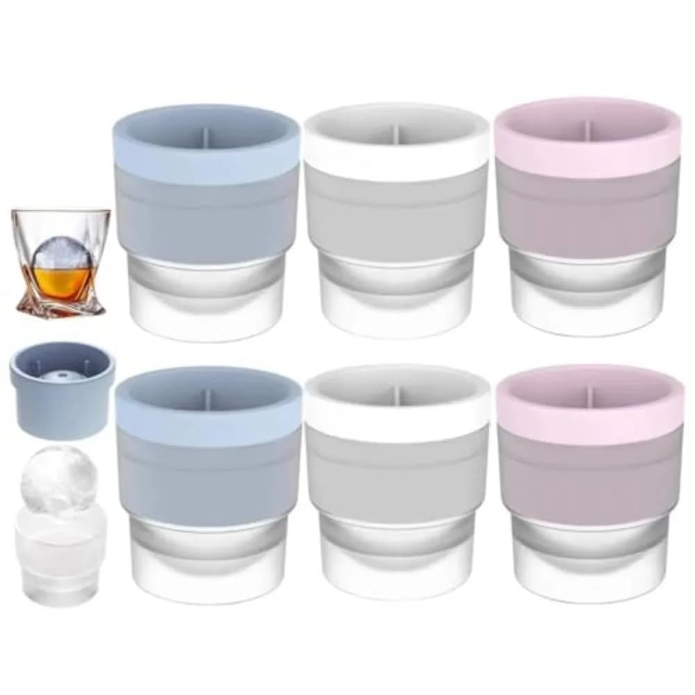 Chiclify Ice Ball Molds, 6PCS Reusable Large Round Ice Cube Mold, Stackable Easy-Release Silicone Ice Balls Maker Mold for Whiskey Cocktails Bourbon and Drinks (6, Blue+White+Pink)