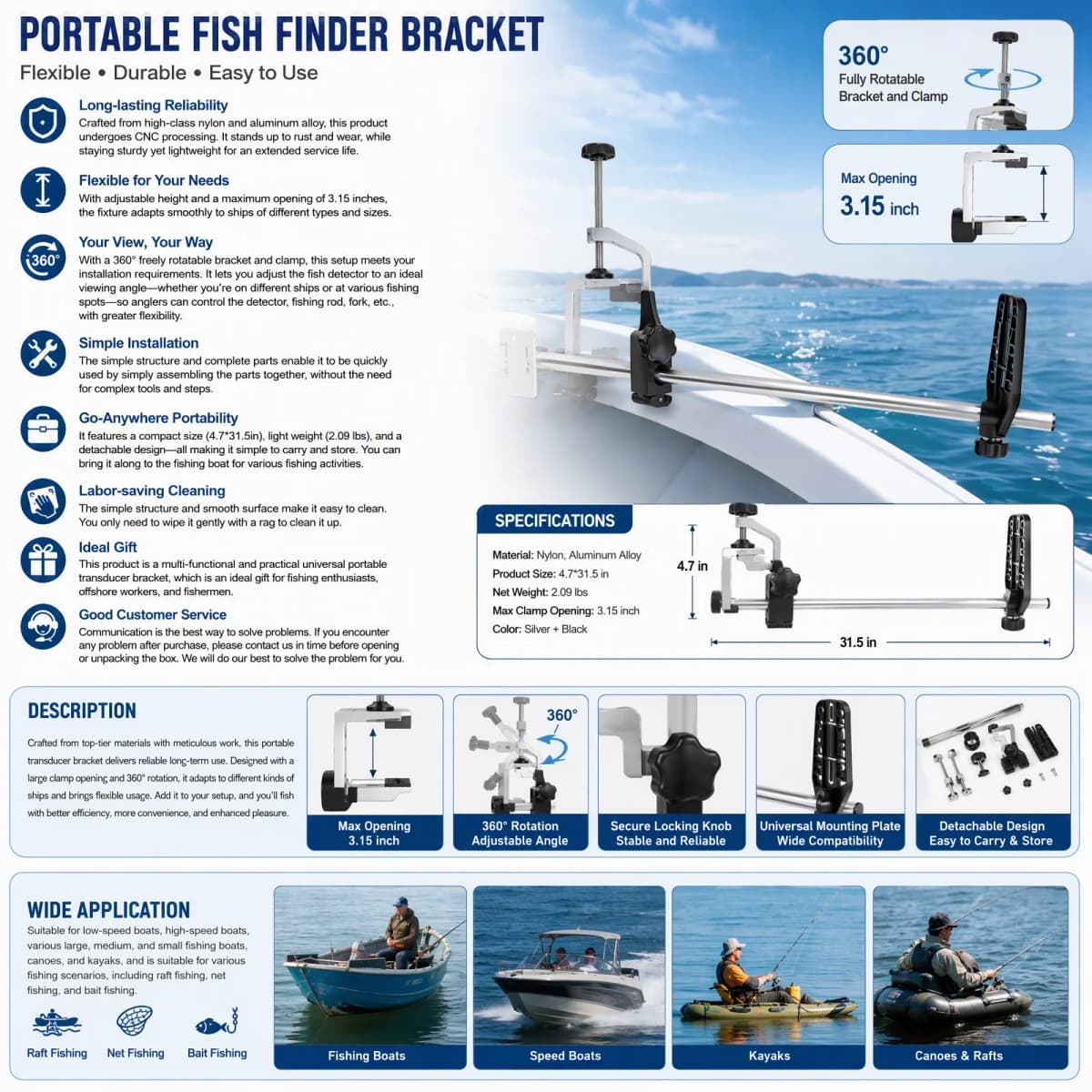 Universal Transducer Bracket Portable Fishfinder Mount, 360° Rotatable Fishing Boat Bracket with 3.15" Max Clamp Opening, Adjustable Height for Kayak Canoe Raft, Silver/Black